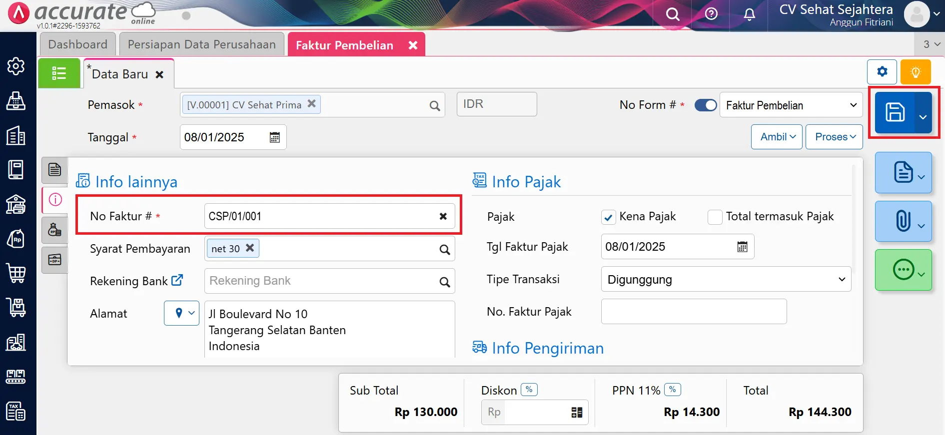 membuat faktur pembelian Accurate Online